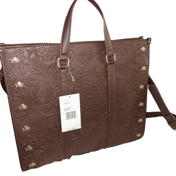 BETSEY JOHNSON XL BROWN SKULLS & ROSES TOTE RHINESTONE SKULL PURSE CHARM NWT - Picture 5 of 13